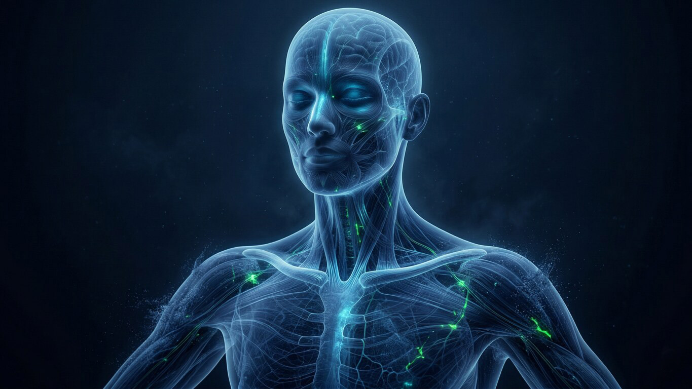 Translucent human-like figure illuminated with neural pathways and green nodes