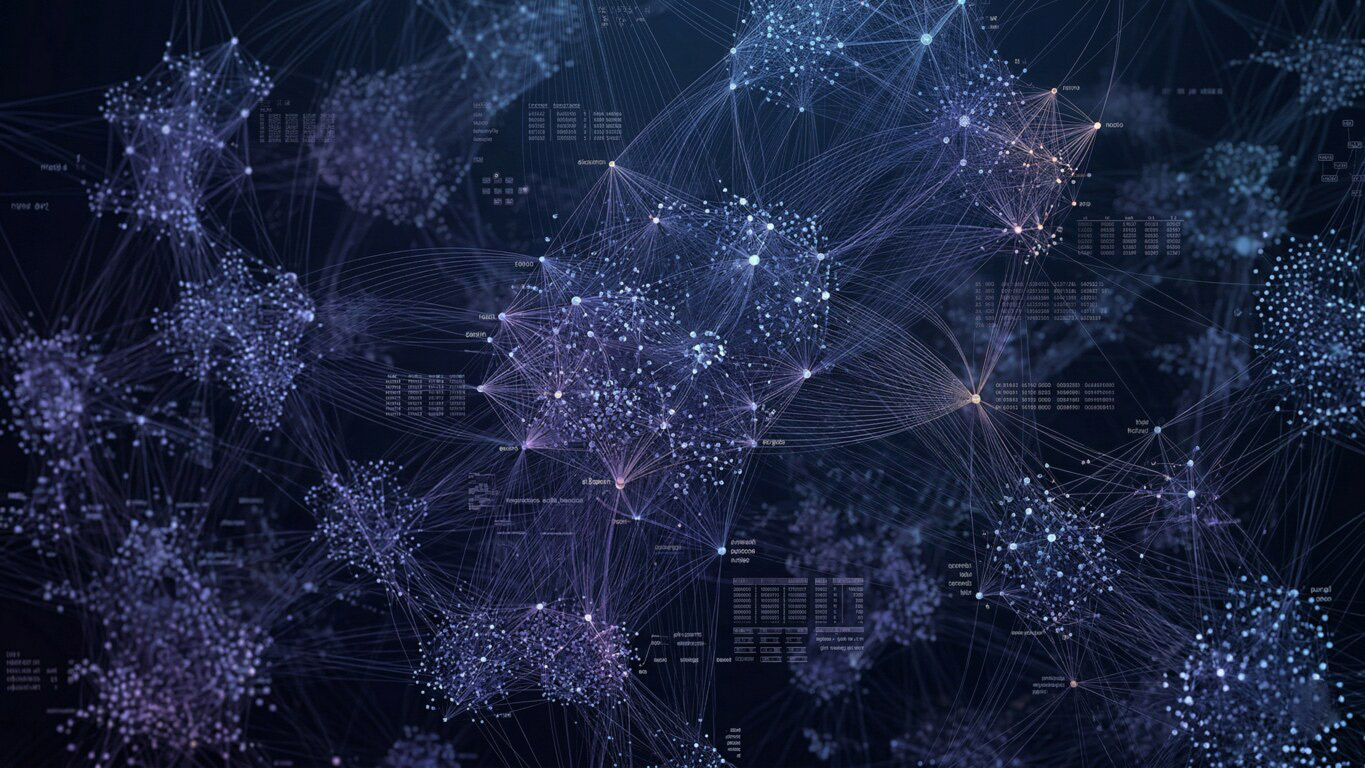 Dense network graph representing layered company and knowledge structure